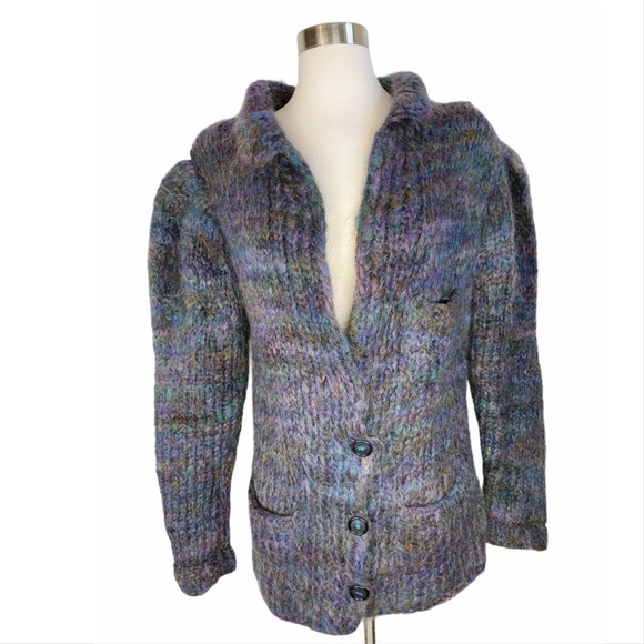 VTG Handmade Multicolored Wool Knit Collared Puffed Sleeve Cardigan Sweater. - Picture 1 of 8